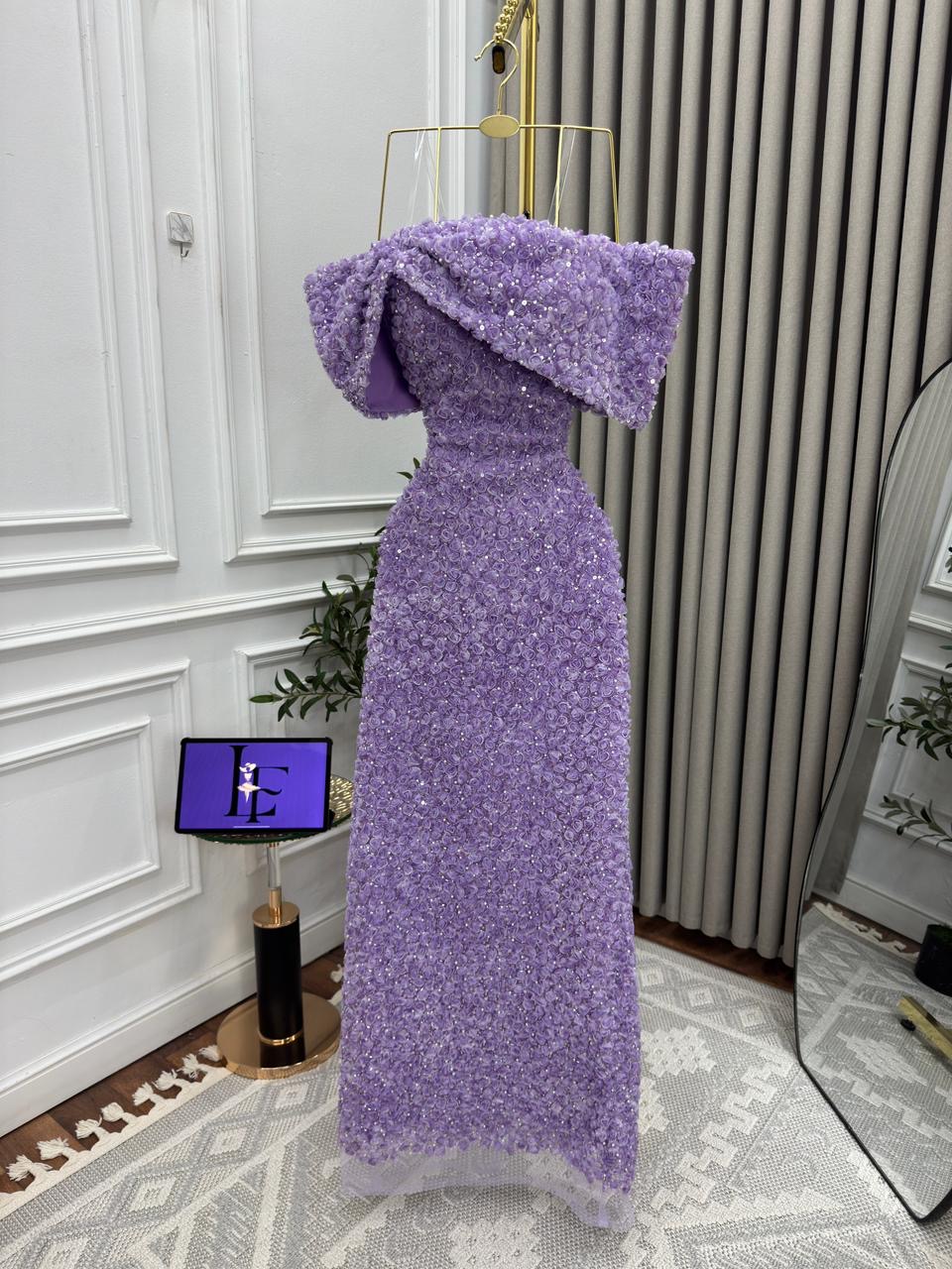  فستان سهرة موف بقصة فيونكة فاخرة -ROSE FASHION  