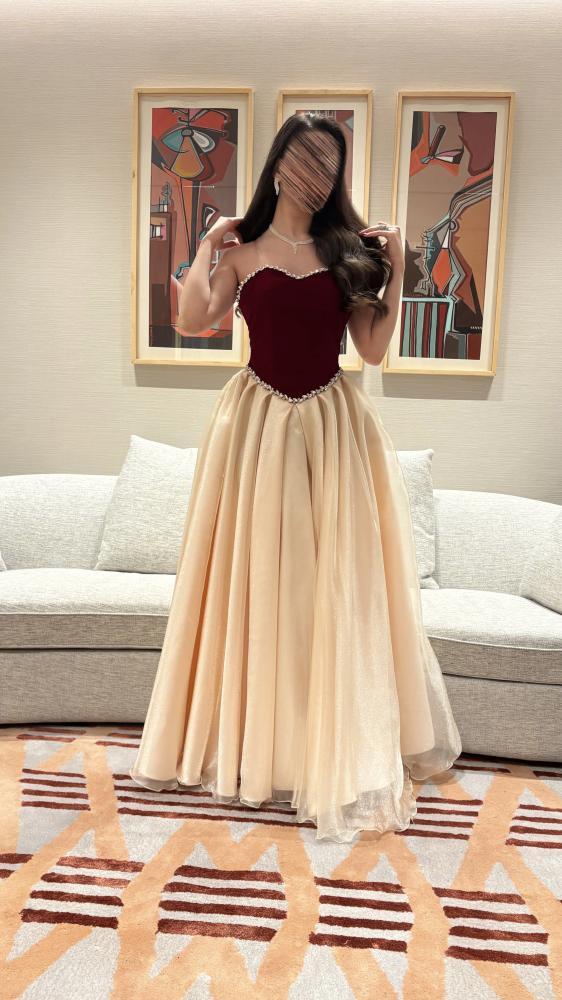  فستان سهرة خمري مع شامبين قطعة واحدة بتصميم ملكي - ROSE FASHION  