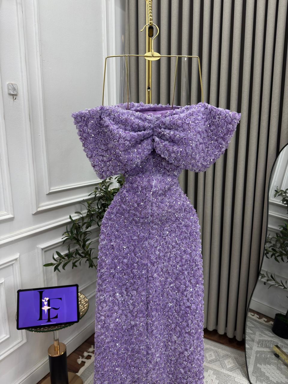  فستان سهرة موف بقصة فيونكة فاخرة -ROSE FASHION  