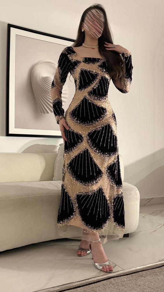  فستان سهرة أسود شامبين بتطريز هندسي لامع - ROSE FASHION  
