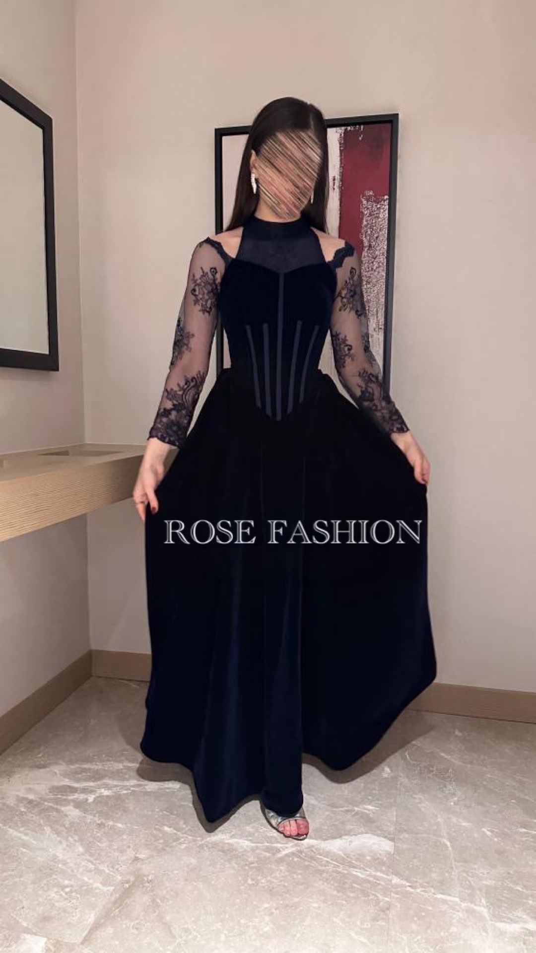   فستان سهرة كحلي كورسية باكمام دانتيل فاخرة - ROSE FASHION  