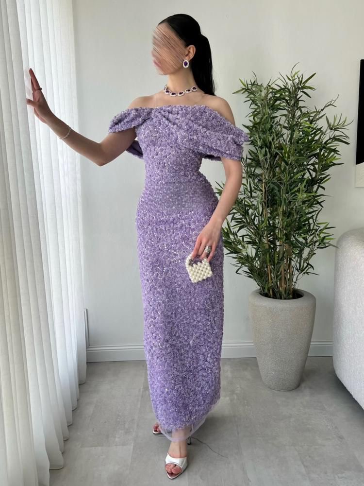  فستان سهرة موف بقصة فيونكة فاخرة -ROSE FASHION  