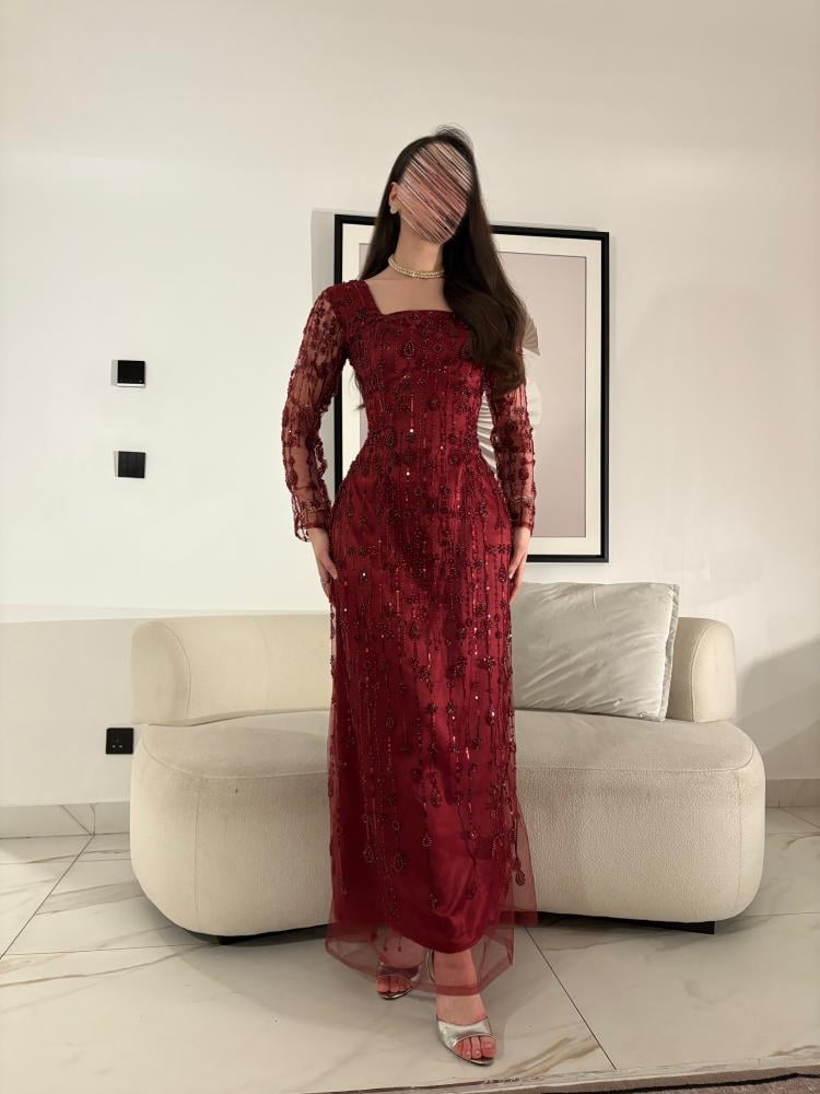  فستان سهرة خمري بتطريز كامل - ROSE FASHION  