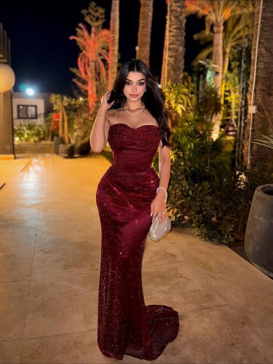  فستان سهرة خمري لامع بقصة حورية - ROSE FASHION  