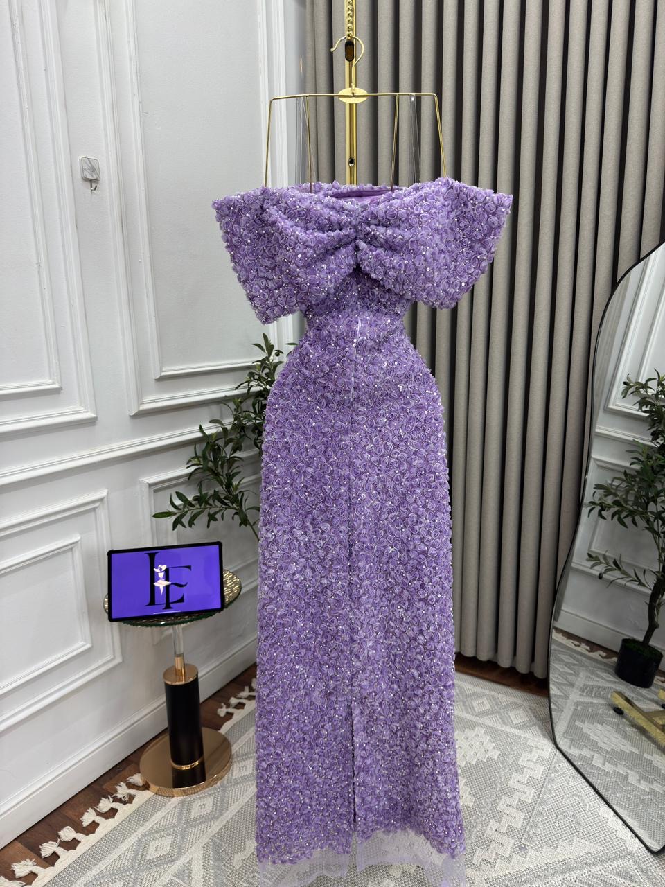  فستان سهرة موف بقصة فيونكة فاخرة -ROSE FASHION  