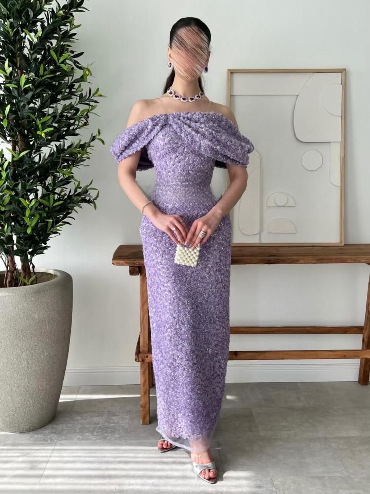  فستان سهرة موف بقصة فيونكة فاخرة -ROSE FASHION  