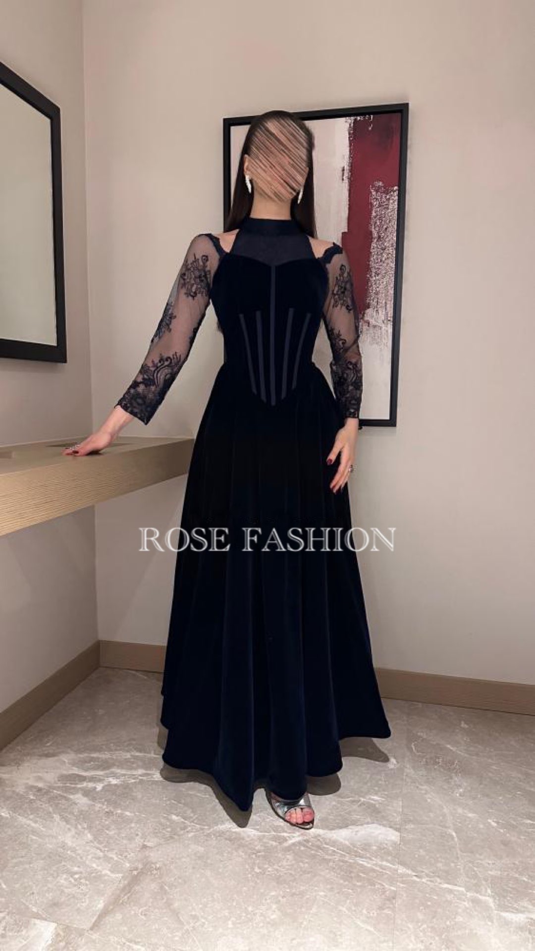  فستان سهرة كحلي كورسية باكمام دانتيل فاخرة - ROSE FASHION  