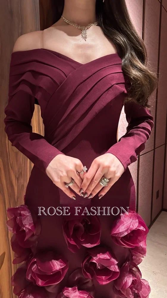  فستان سهرة عنابي فاخر بتصميم ورود من ROSE FASHION  