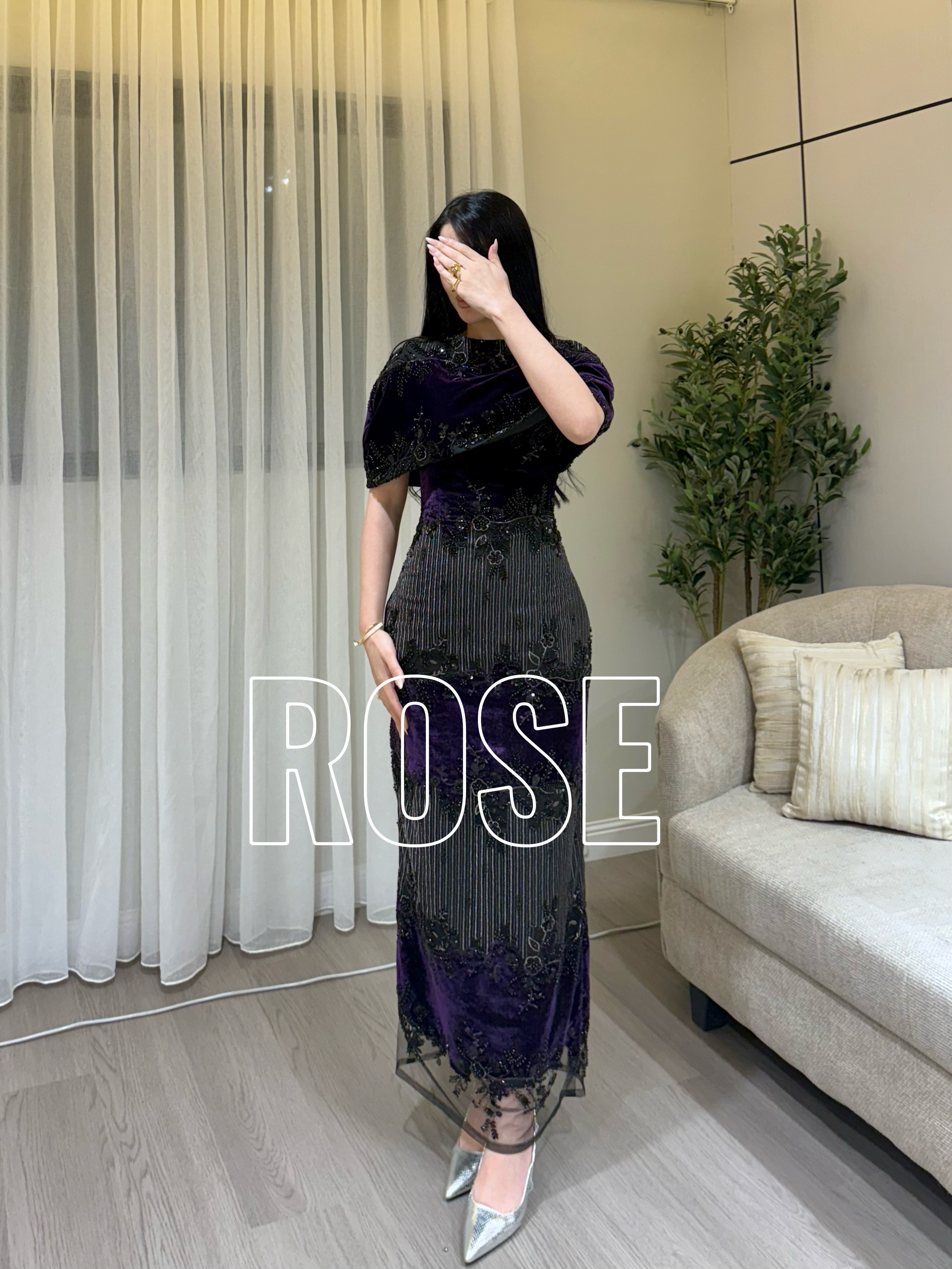   فستان سهرة موف مخمل بتطريز فاخر من ROSE FASHION  
