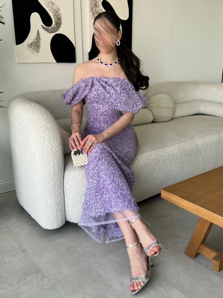  فستان سهرة موف بقصة فيونكة فاخرة -ROSE FASHION  