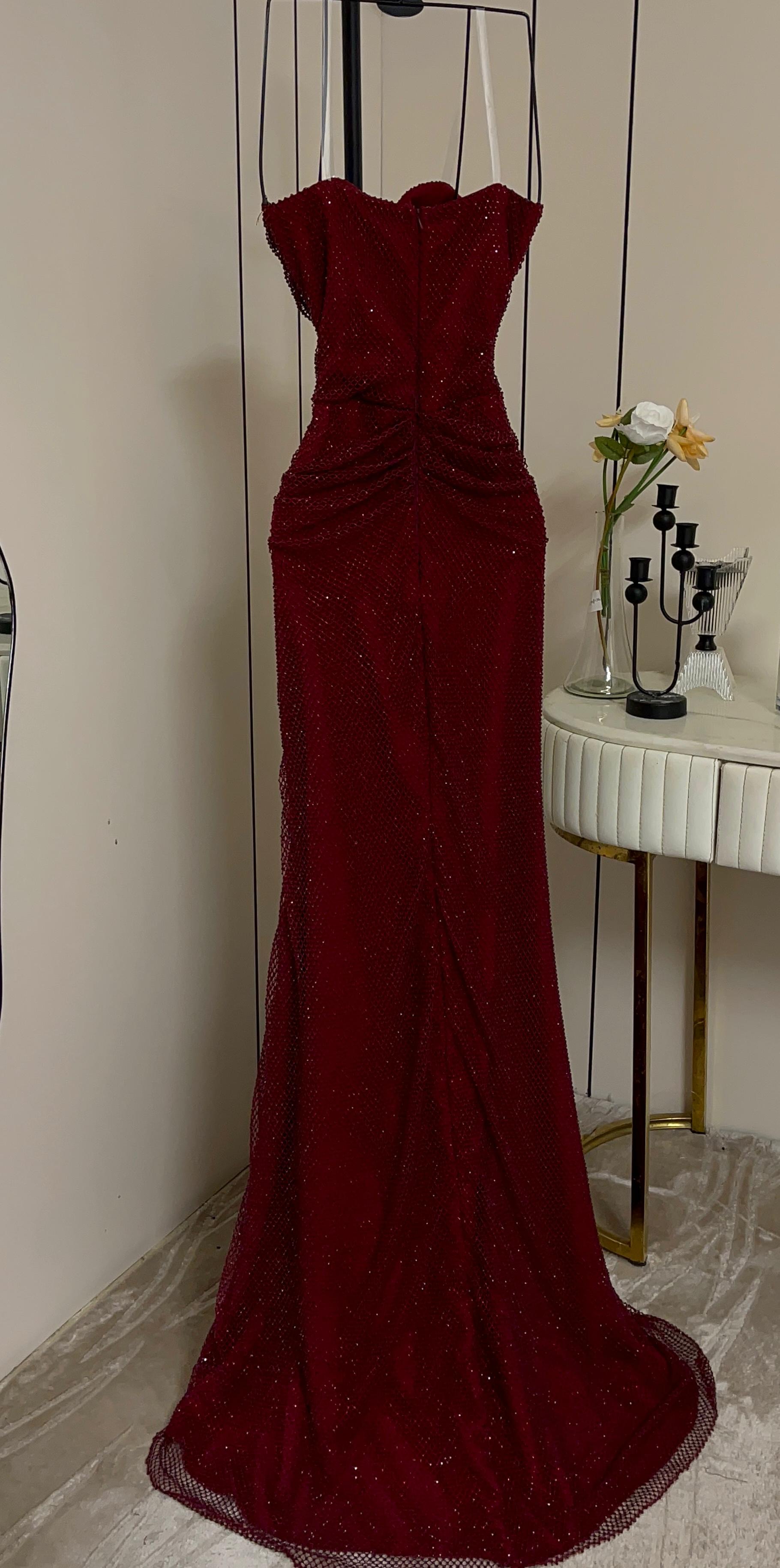  فستان سهرة خمري لامع بقصة حورية - ROSE FASHION  