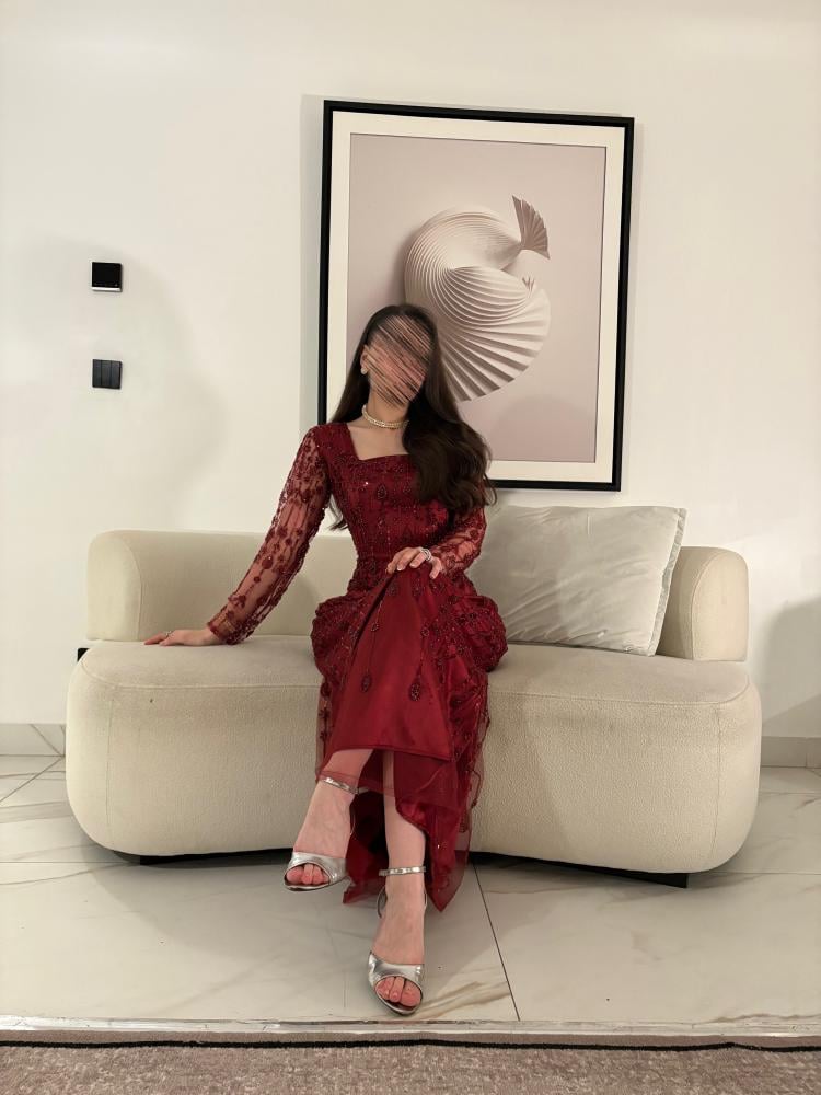  فستان سهرة خمري بتطريز كامل - ROSE FASHION  