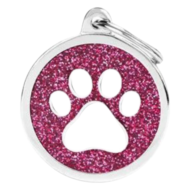 MF Tags PINK BIG GLITTER CIRCLE WHITE PAW