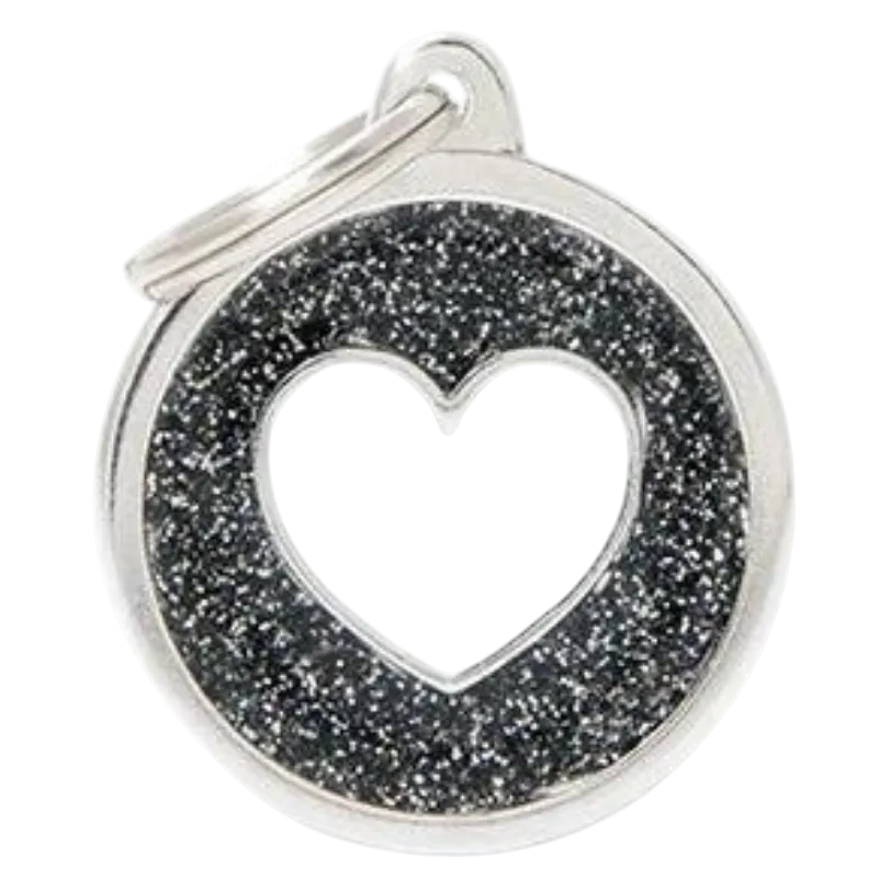 MF Tags BLACK BIG GLITTER CIRCLE WHITE HEART