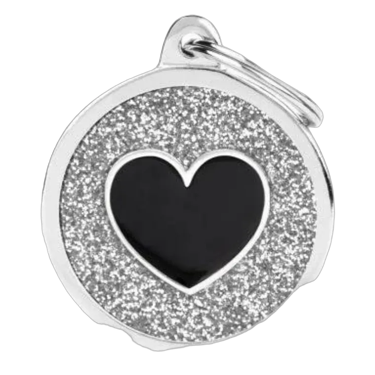 MF Tags GREY BIG GLITTER CIRCLE BLACK HEART