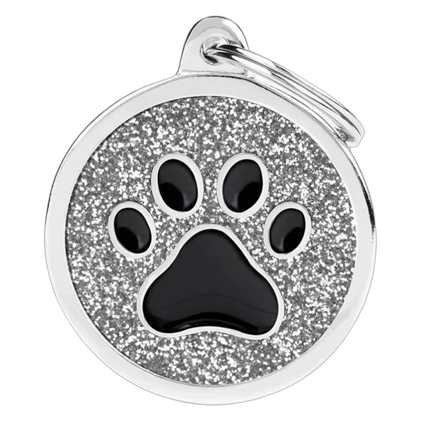 MF Tags GREY BIG GLITTER CIRCLE BLACK PAW