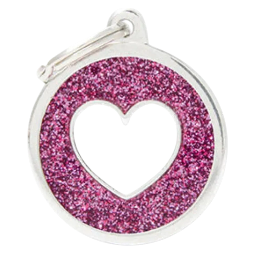 MF Tags PINK BIG GLITTER CIRCLE WHITE HEART