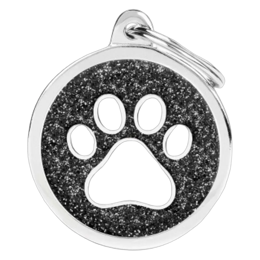 MF Tags BLACK BIG GLITTER CIRCLE WHITE PAW