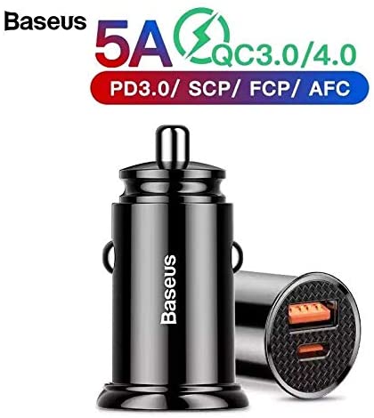 شاحن سيارة 30 واط سريع جدا من بيسوس، بمنفذين USB + Type C يدعم QC 3.0/4.0 - أسود