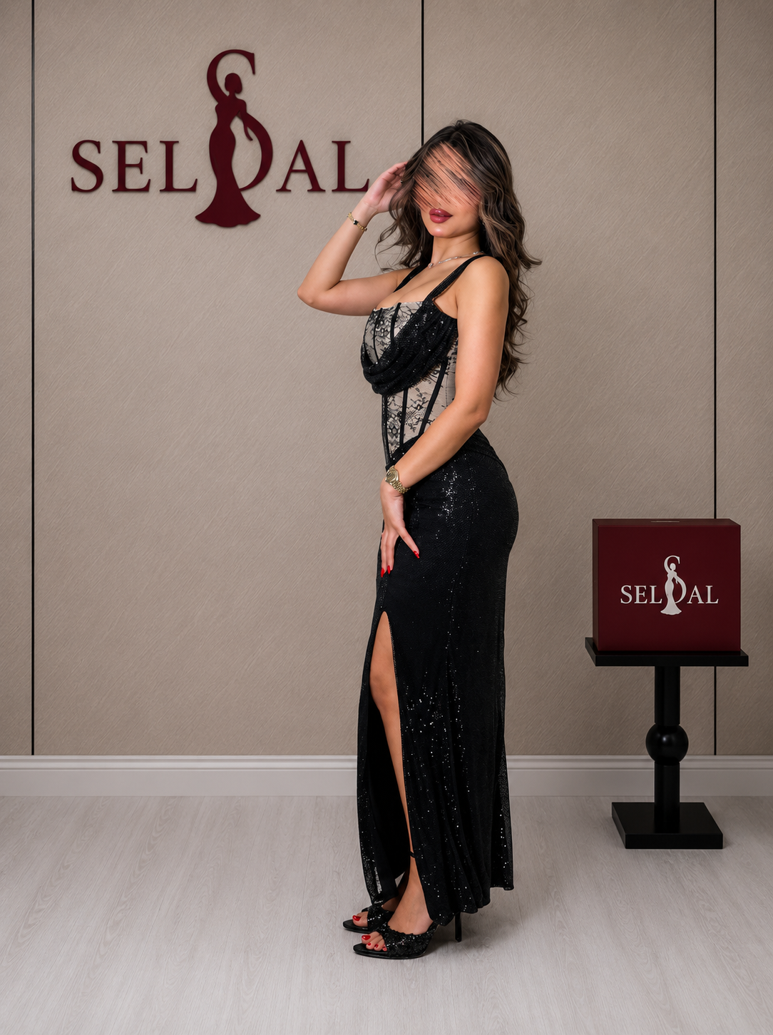  فستان سهرة أسود كورسيه بتفاصيل دانتيل لامعة 