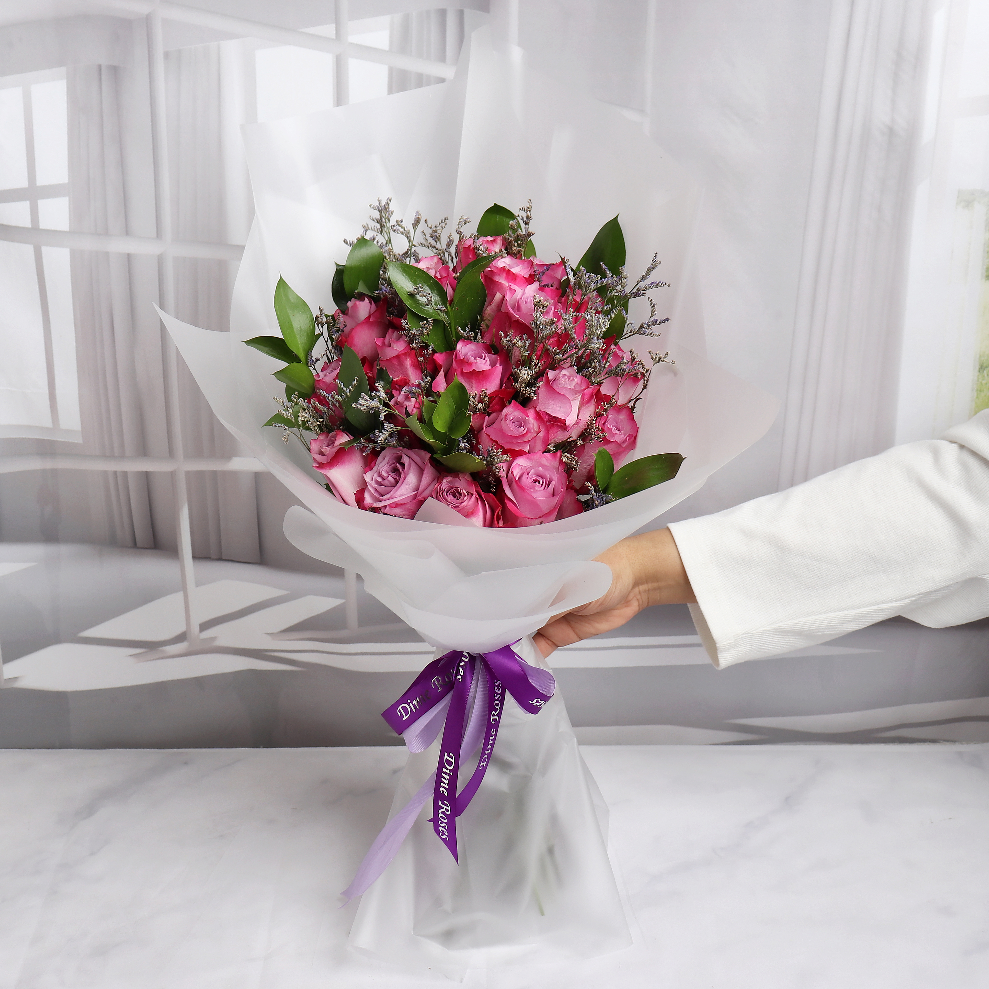 Purple Rose Bouquet with White Packaging