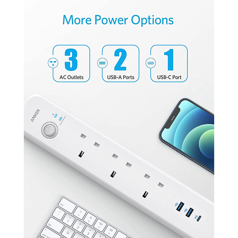 توصيلة كهربائية 3 منافذ طاقة ومخرجين USB ومخرج PD بقوة 30 واط من انكر - أبيض 