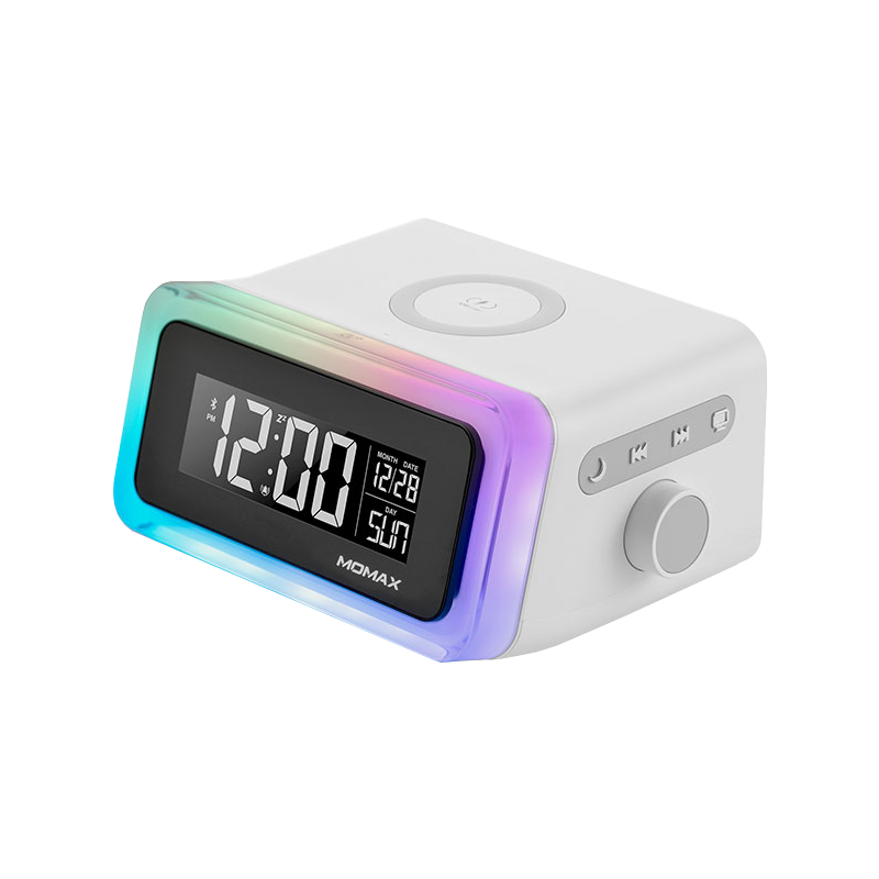 Momax 4 in 1 Digital Alarm Clock with Wireless Charging  Station and Bluetooth 5.0 Speaker Colourful Smart LED - White