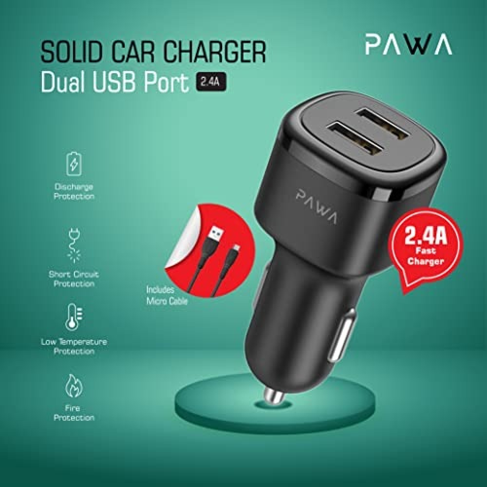 Pawa Solid Car Charger 2.4A Auto-ID with Micro Cab -  PW-24AICCM-BK