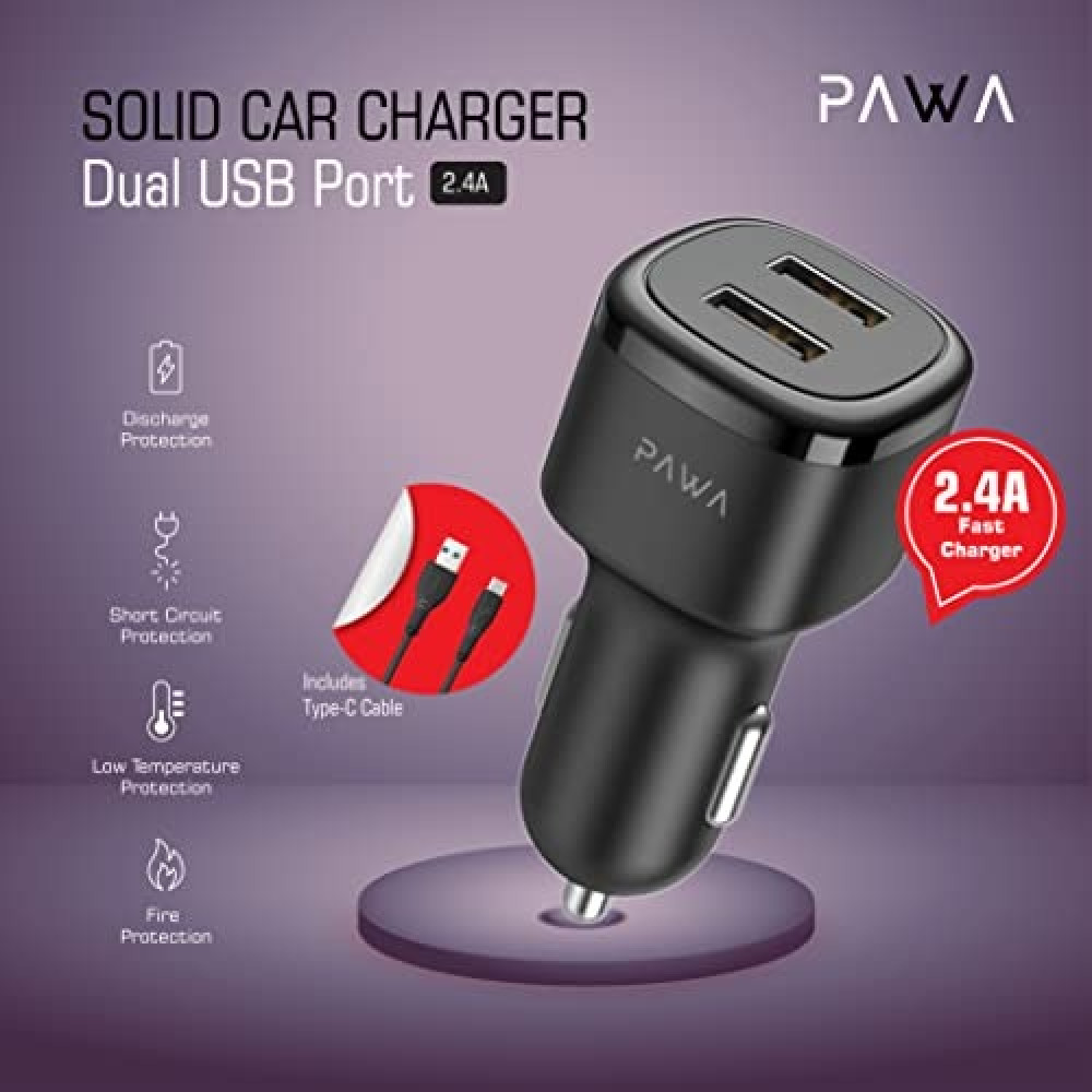 Pawa Solid Car Charger 2.4A Auto-ID with Type C Cable -  PW-24AICCT-BK