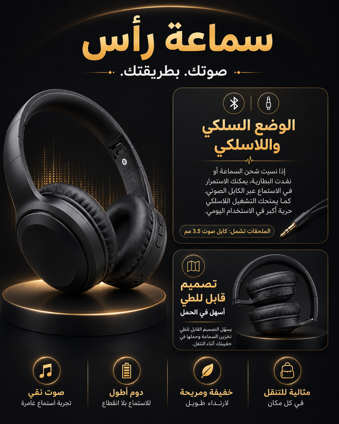 سماعة رأس لاسلكية اسود جودة عالية جدا