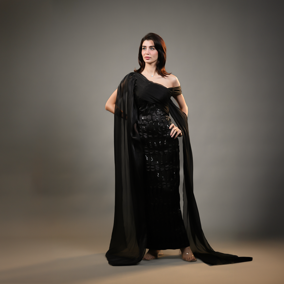 فستان سهرة طويل ماسك مع شال 