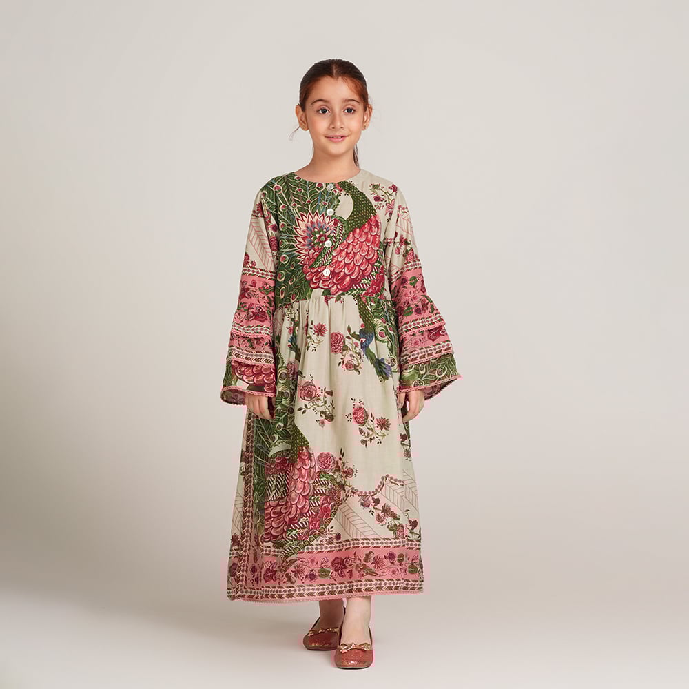 KIDS  L-GREEN MODAL PRINTED DRESS 