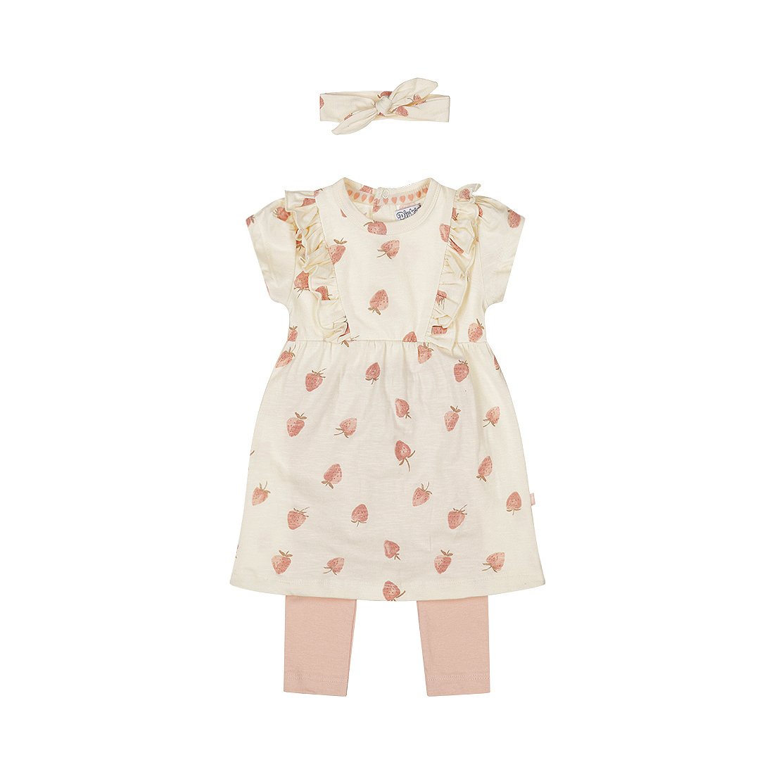 Girls’ Set – Ruffled Dress with Strawberry Print, Headband, and Leggings – Cream / Apricot