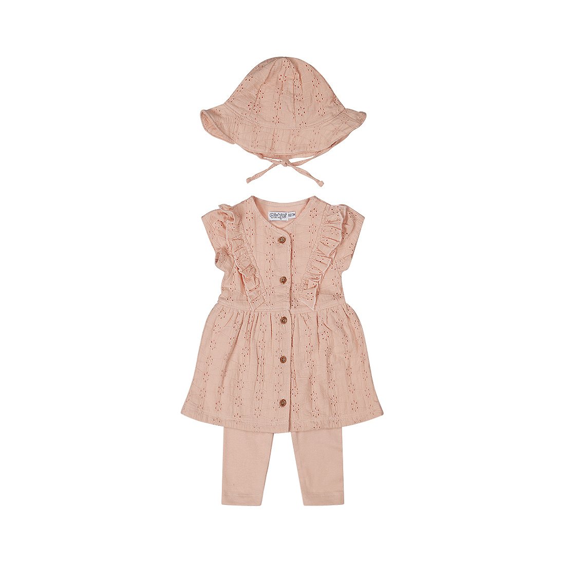 Girls’ Set: Embroidered Dress, Hat, and Leggings – Soft Pink