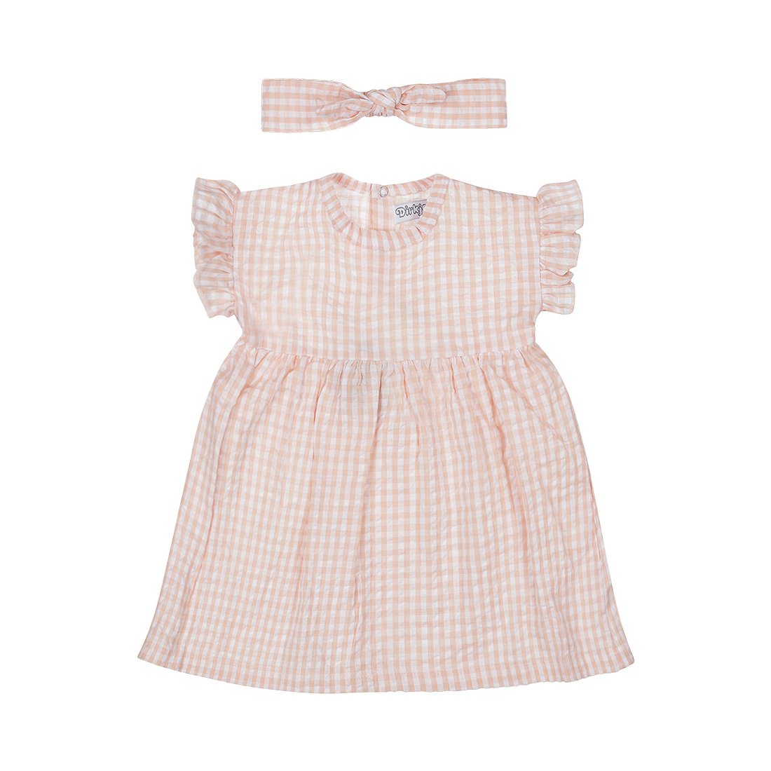 Girls’ Set – Short Sleeve Dress with Headband – Coral Pink | Gingham Print