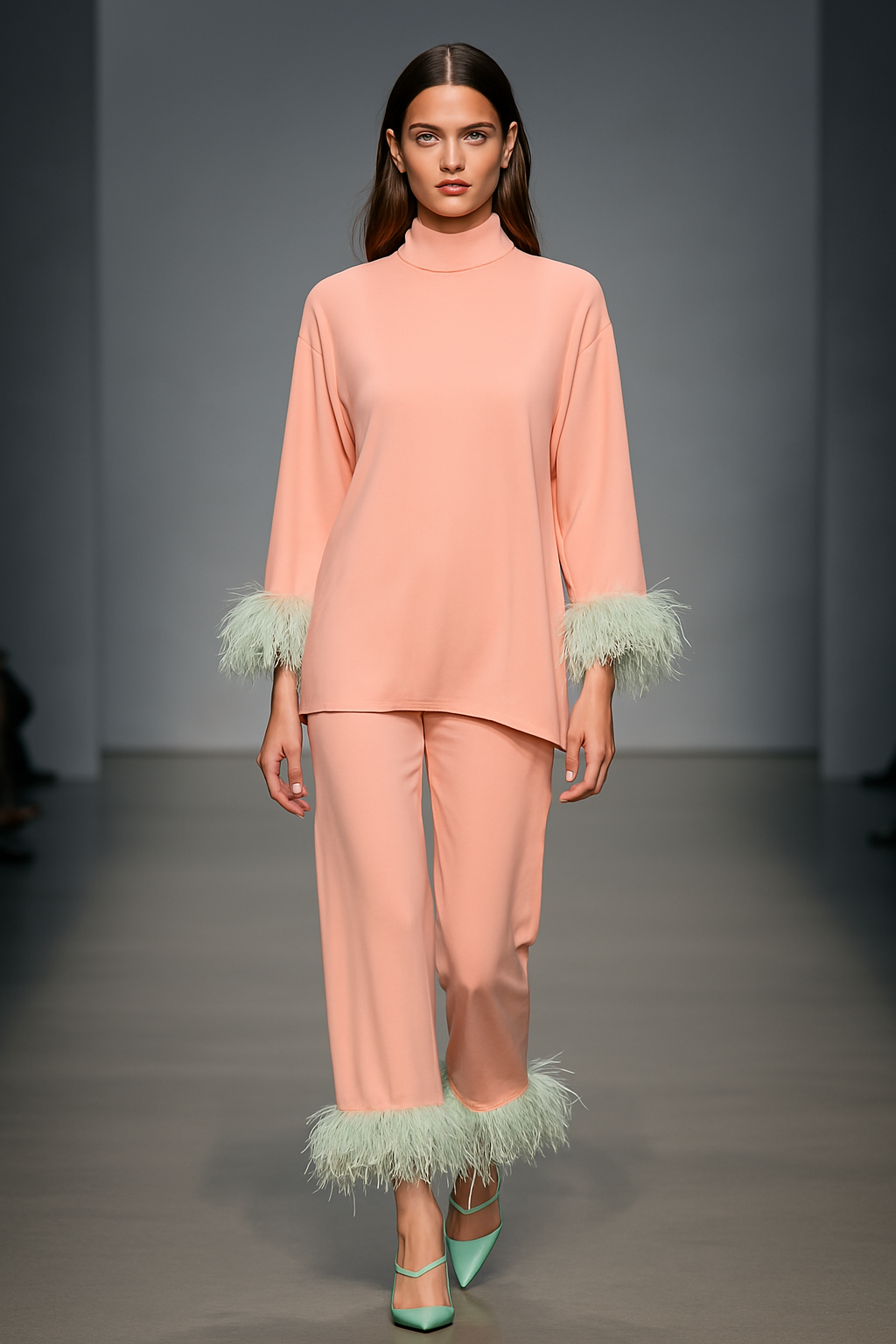 بينك بيستاشيو Pink & Pistachio | طقم فاخر مع تفاصيل ريش ناعم قابل للإزالة