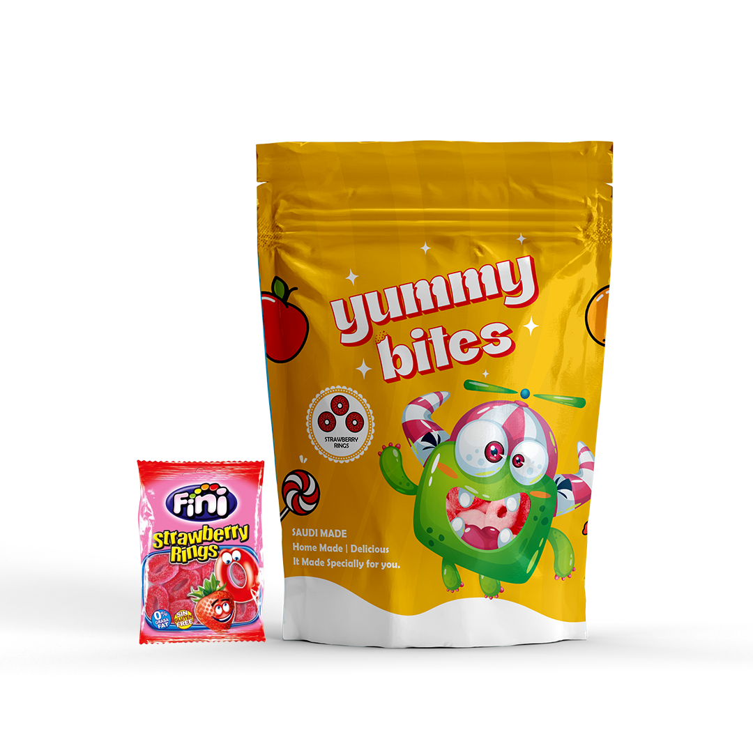 حلاوة حلقات الفراولة الحامضة مجففة بالتجميد من Yummy bites