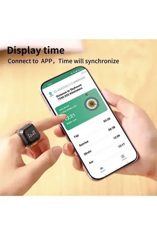 خاتم ذكر ذكي مقاس 22 ملم (كبير)، عداد تسبيح رقمي مع شاشة OLED وتذكير بالاهتزاز، يتصل بتطبيق iQibla عبر البلوتوث، منبه لمواقيت الصلاة الخمس، مقاوم للماء، لون أسود