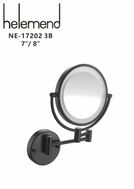 مرآة مكبرة LED جدارية أسود مطفي (Matte Black) – وجهين وذراع متحرك