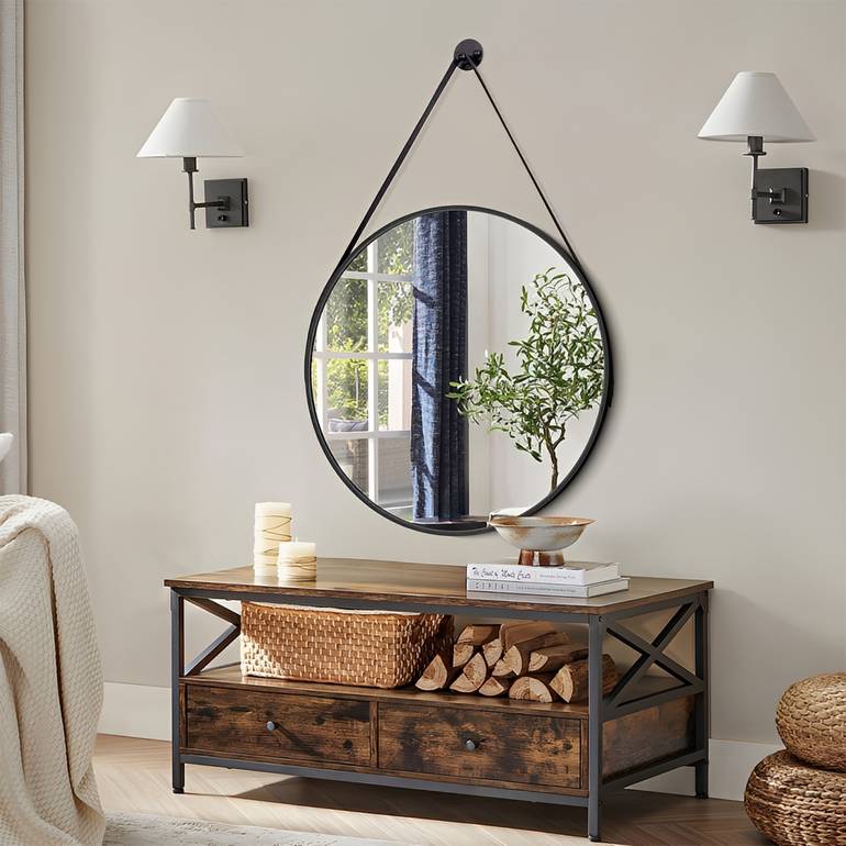 مراية دائرية بإطار أسود مطفي مع LED مقاس 60×60 سم – مرآة حمام مضيئة عصرية