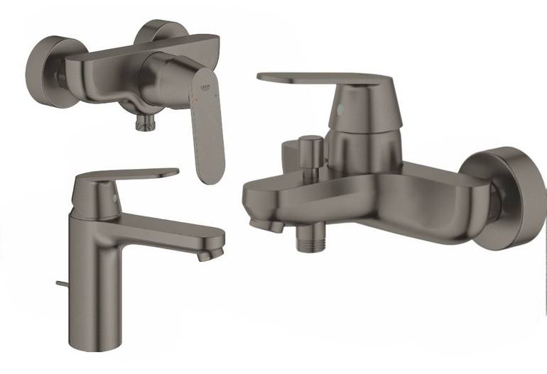 طقم خلاطات جروهي GROHE Graphite متكامل 3 قطع (مغسلة + بانيو + شاور) - رمادي مطفي