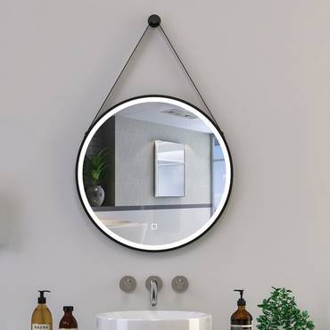 مراية دائرية بإطار أسود مطفي مع LED مقاس 60×60 سم – مرآة حمام مضيئة عصرية
