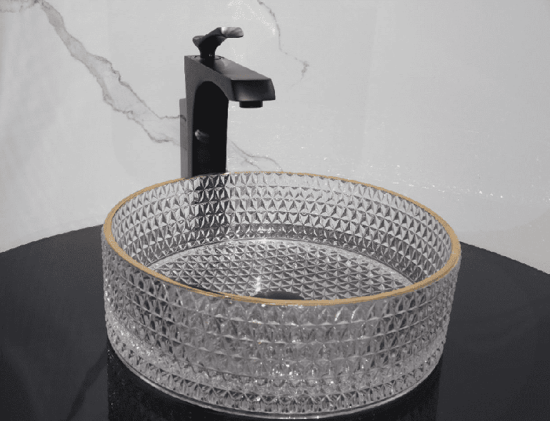 حوض مغسلة كريستال دائري شفاف (36×36 سم) مع إطار ذهبي فاخر