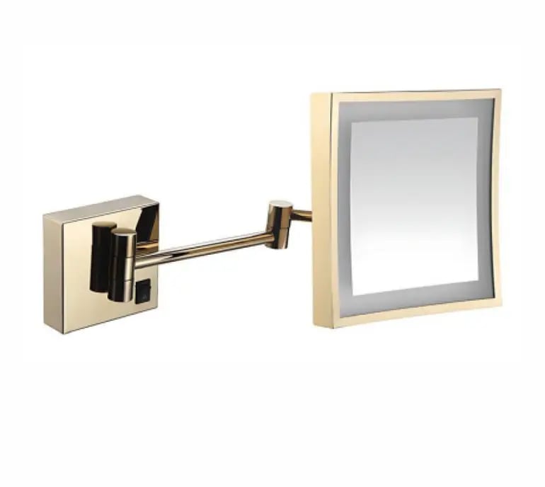 مرآة مكبرة LED جدارية مربعة – ذهبي لامع (Polished Gold) وجهين وذراع متحرك