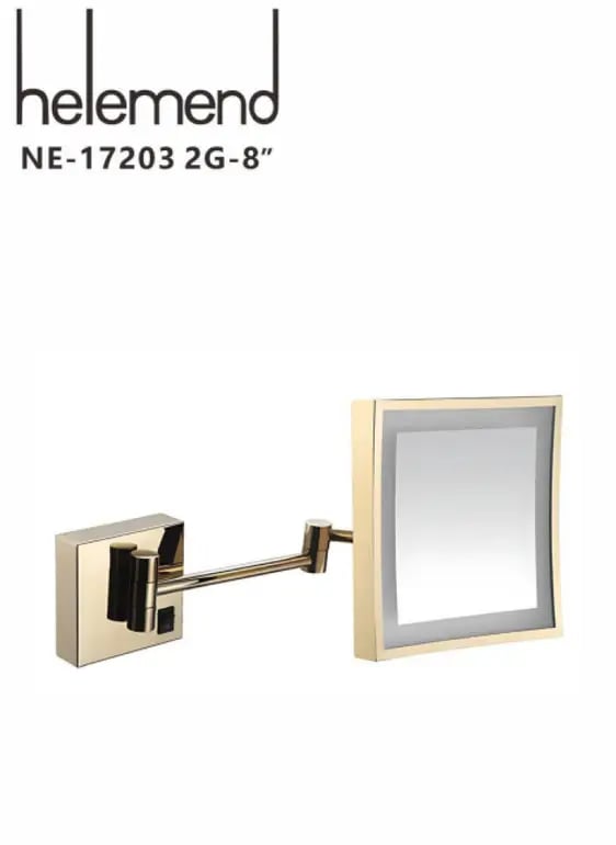 مرآة مكبرة LED جدارية مربعة – ذهبي لامع (Polished Gold) وجهين وذراع متحرك
