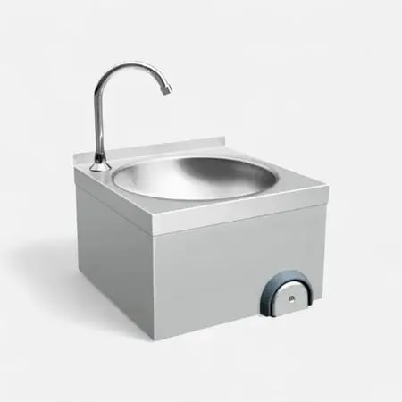 مغسلة وضوء ستيل بدواسة ركبة (Knee Operated Sink) 304 – مغسلة تعقيم يدين للمطاعم والمصانع موديل 16703