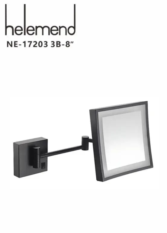 مرآة مكبرة LED جدارية مربعة – أسود مطفي (Matte Black) وجهين وذراع متحرك