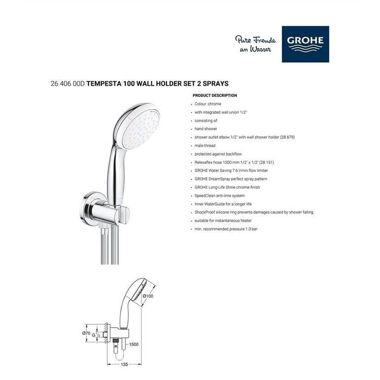 طقم سماعة دش جروهي GROHE Tempesta 100 مع لي وحامل جداري مدمج - كروم