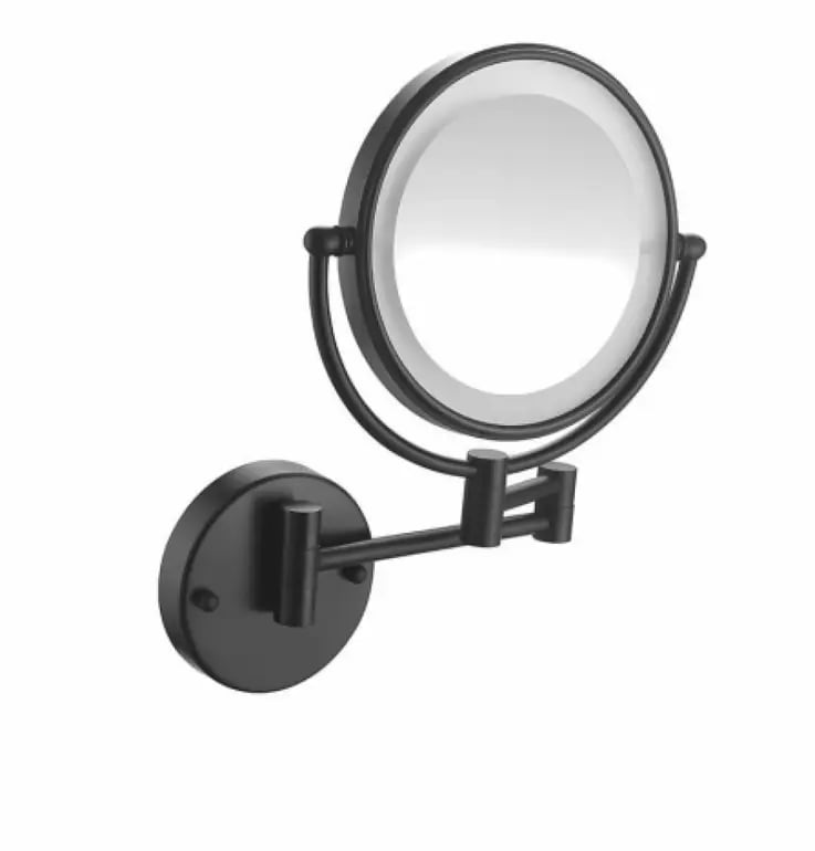 مرآة مكبرة LED جدارية أسود مطفي (Matte Black) – وجهين وذراع متحرك