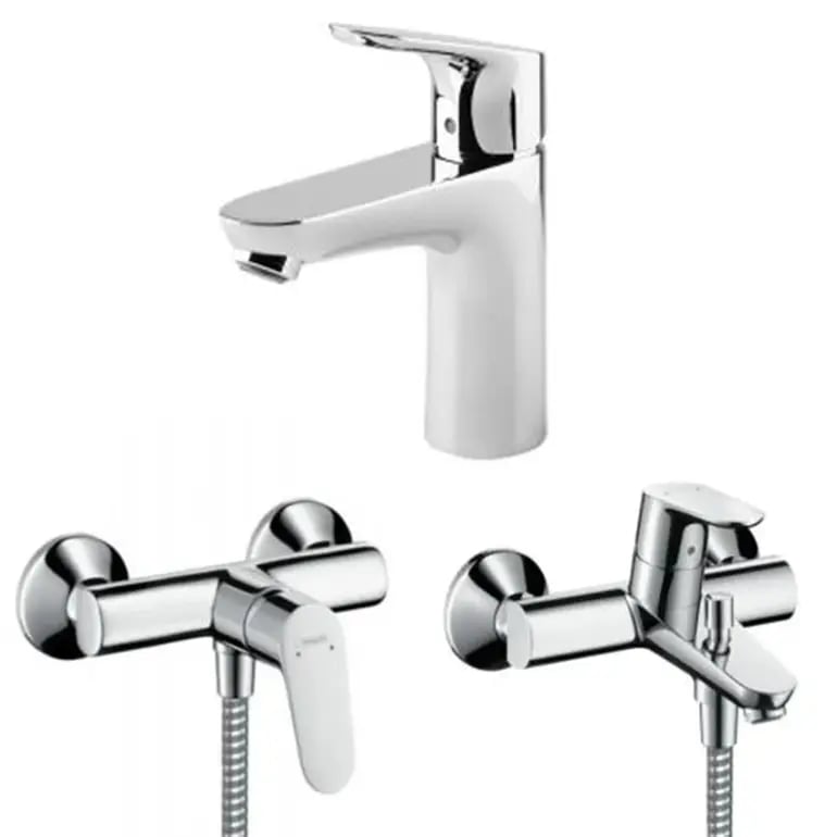 طقم خلاطات هانس جروهي فوكس 3 قطع (مغسلة + دش + شطاف) كروم | hansgrohe Focus Mixer Set 3-in-1 Chrome